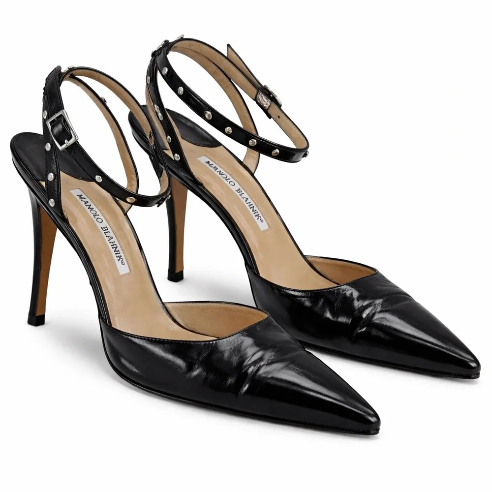 Manolo Blahnik Black Studded Slingback Heels 105mm Vintage Collectors Size 9.5
